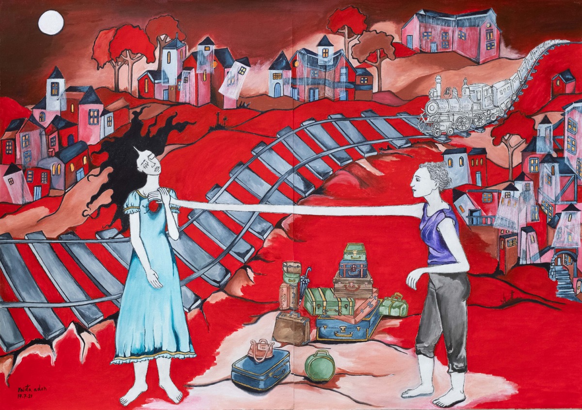 Raida Adon, Ghost Houses in the Red City, 2021, watercolor on canvas, 84*60 cm. Courtesy of the artist