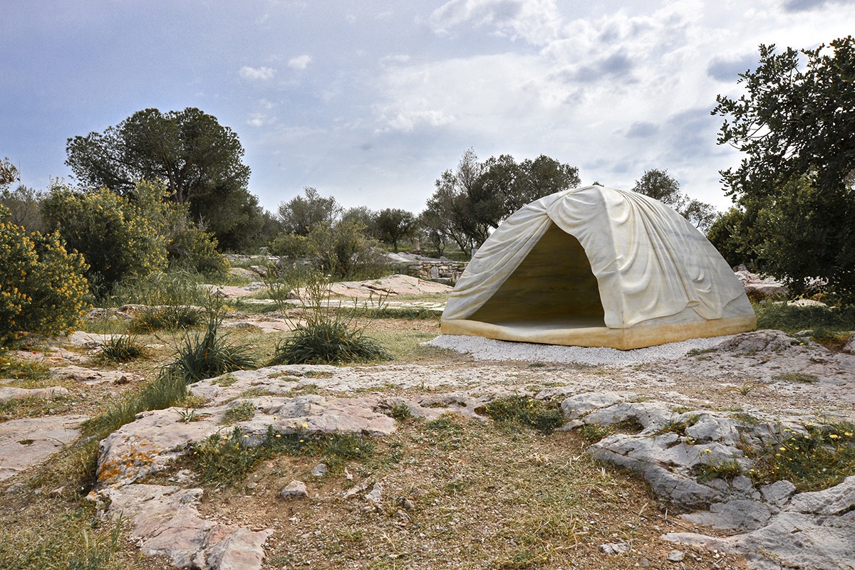 Rebecca Belmore, Biinjiya'iing Onji (From inside), 2017, marble, Filopappou Hill, Athens, documenta 14, photo: Fanis Vlastaras