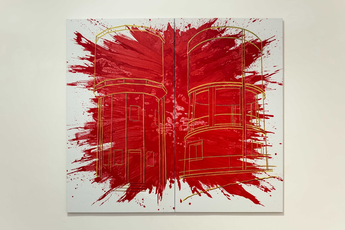 אפרת גל-נור, מגדליים, אקריליק על בד, 2019, 240X180 ס"מ מתוך: הדרך לעין חרוד #4 – גבעותיים , גלריה קיבוץ גבעת חיים, אוקטובר 2018 צילום: לנה גומון באדיבות אפרת גל-נור